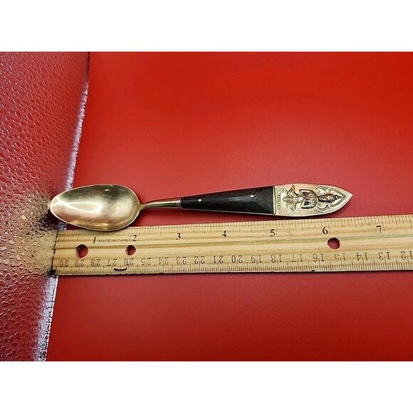 Vtg Siam Sitting Buddah Brass Sugar Spoon Teaspoon with Wood Handle 6.5" Retro - Picture 2 of 6